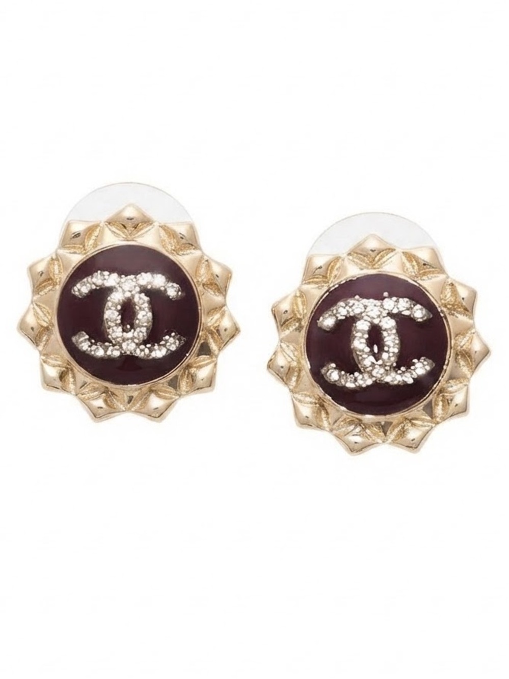 Gold-Tone and Burgundy CC Crystal Stud Earrings